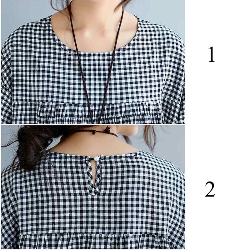 WTEMPO Plus Size Ladies Dress Summer 1/2 Sleeve Round Neck Long Dress Casual Mid-calf Length Plaid Dress
