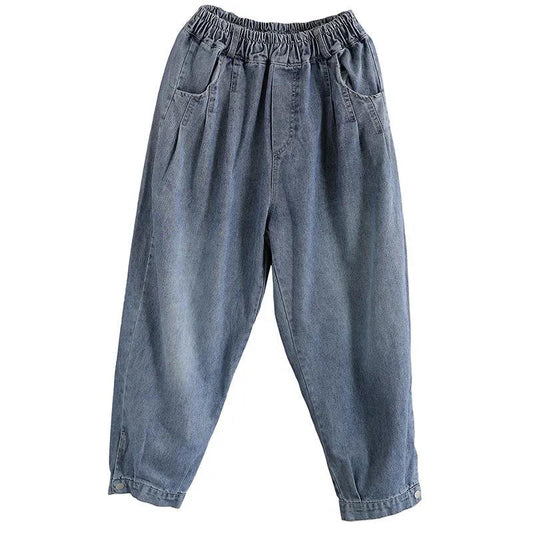 WTEMPO Plus Size Elastic Waist Women's Jeans Loose Wide Leg Straight Denim Big Pocket Trousers