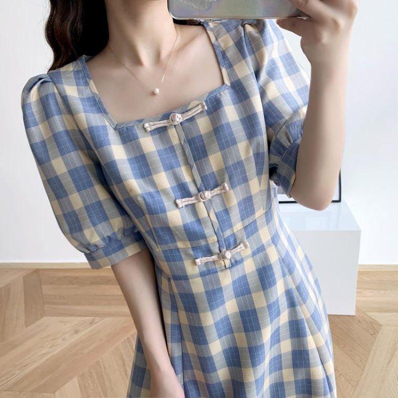 Large Women Size Summer Casual Slim Mid Length Square Neck Bubble Sleeve Plaid Holiday Dress