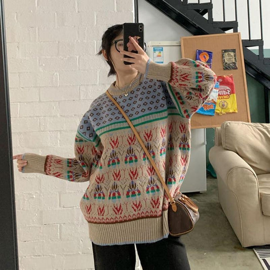 Autumn Winter Women Fashion Sweater Casual Knitting Sweater Retro Print Round Neck Pullovers Loose Casual Long Sleeve Sweater