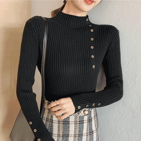 Winter Button Half Turtleneck Sweater Women Base Shirt Sexy Slim High Stretch Sweater