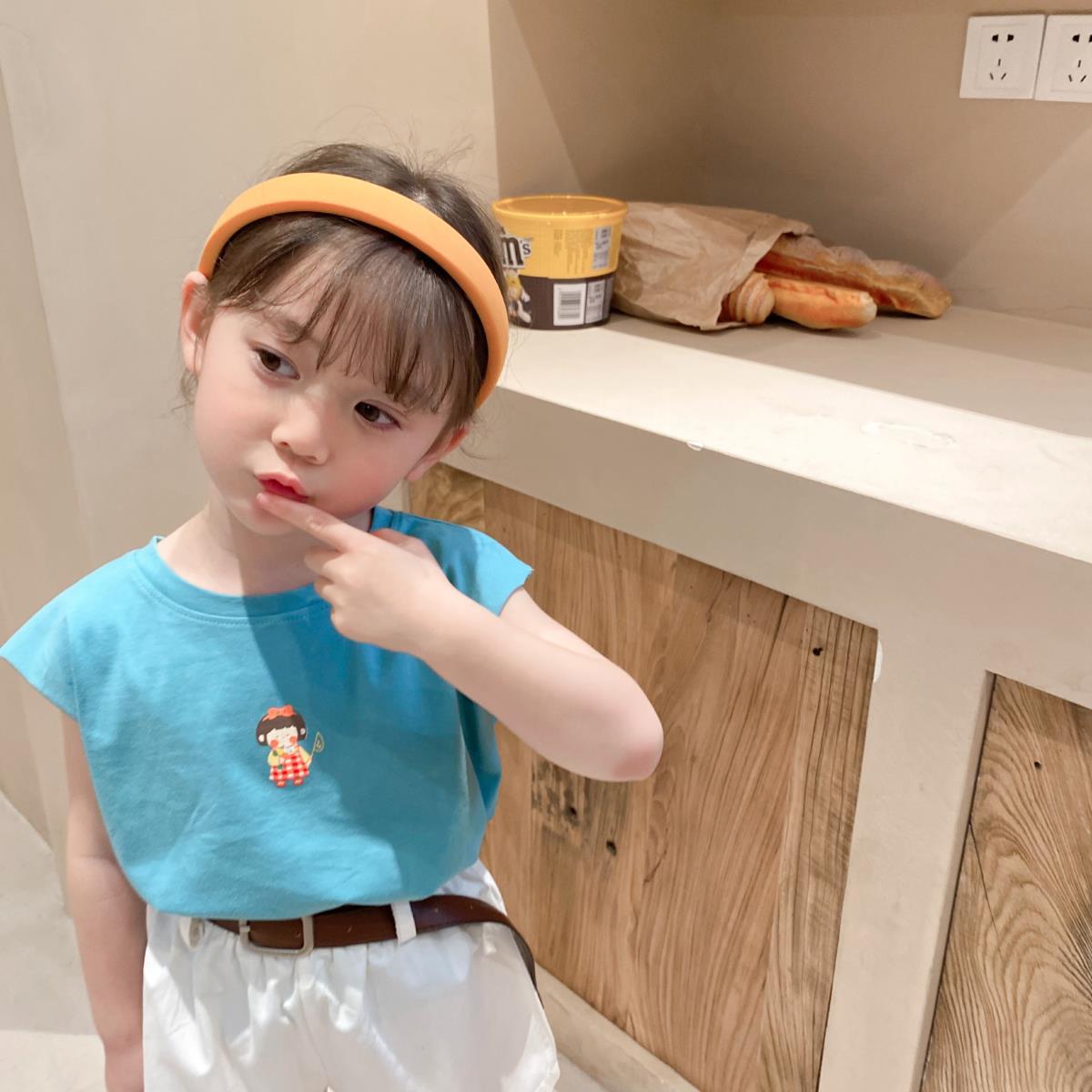 Summer Kids Cute Tops Korean Style T Shirts Girls' Short Sleeve T-shirt Open Back Printed Solid for Children Girls