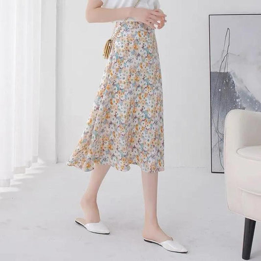 Floral Half-length Skirt Women's Mid-length A-line Skirt High Waist Small Size Thin Chiffon Print Skirt Women's Sunshine Floral Skirt