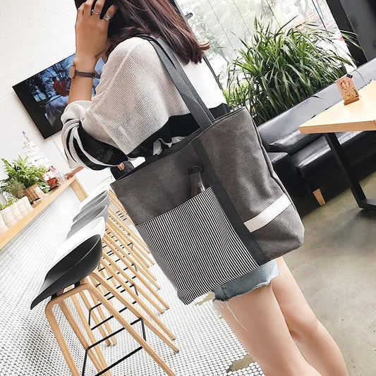 Women Large Capacity Canvas Bags Shoulder Stitched Tote Shopper Handbag Simple Hobo Bags 1Pcs Travel Casual Daily