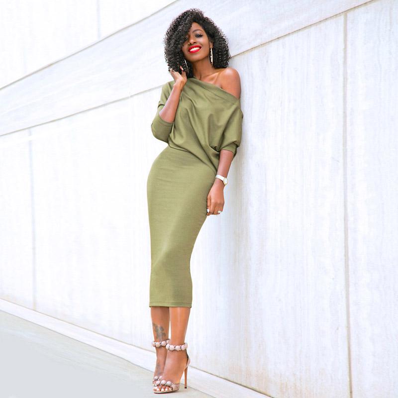 2019 Women Sexy Summer Vintage Off Shoulder Mid-calf Dress Three Quarter Sleeve Bodycon