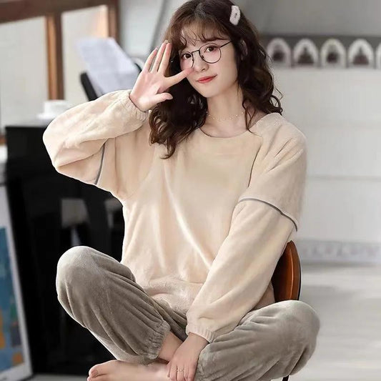 Coral Velvet Plus Velvet Thickened Flannel Pajamas Set Women's Cute Print Homewear Long-sleeved Round Neck Loose Soft Pyjamas Two-pieces Set