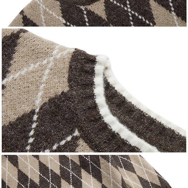 Loose Pullover Sweater Women's Autumn and Winter Retro Diamond Plaid Thick Knitted Sweater