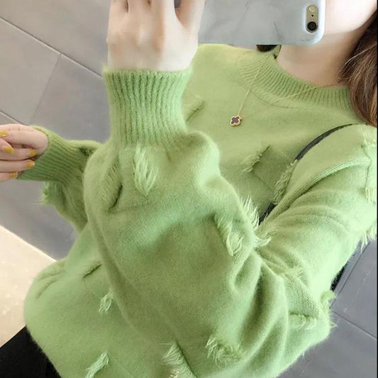 Autumn and Winter Tassel Knit Bottoming Shirt Round Neck Long Sleeve Loose Sweater All-match