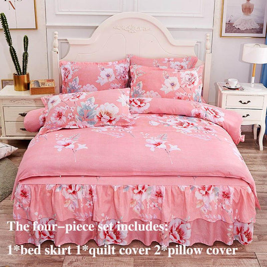 Four-piece Bed Skirt Printed Bedding Skin-friendly Sanding Quilt Cover Pillowcase Bilateral Bed Skirt Set