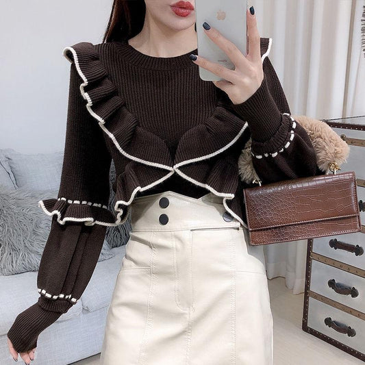 Autumn and Winter Ins Knit Sweater Fashion All-match Ruffle Sweater Women Color Matching Bottoming Shirt