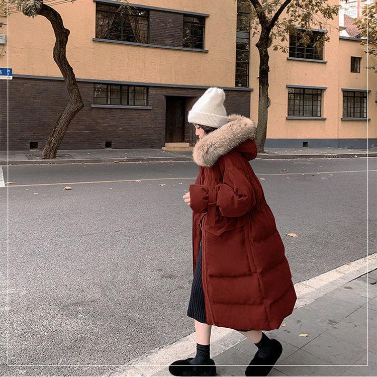 Cotton Jacket Female Winter Student Korean Style Loose Big Fur Collar Mid-length Bread Coat Cotton Jacket