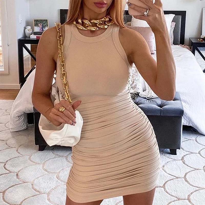 Summer Ladies Dress Fashion Sexy Skinny Pleated Ribbed Dress
