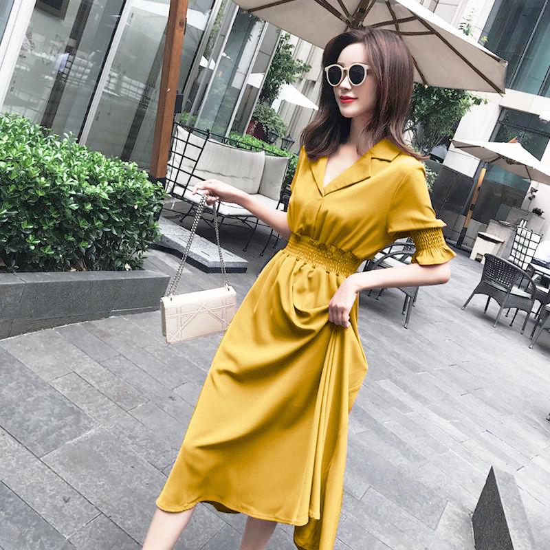 Female Simple and Elegant Chiffon Dress Slim Mid Length Waist Solid Lace V-neck Graceful Dress
