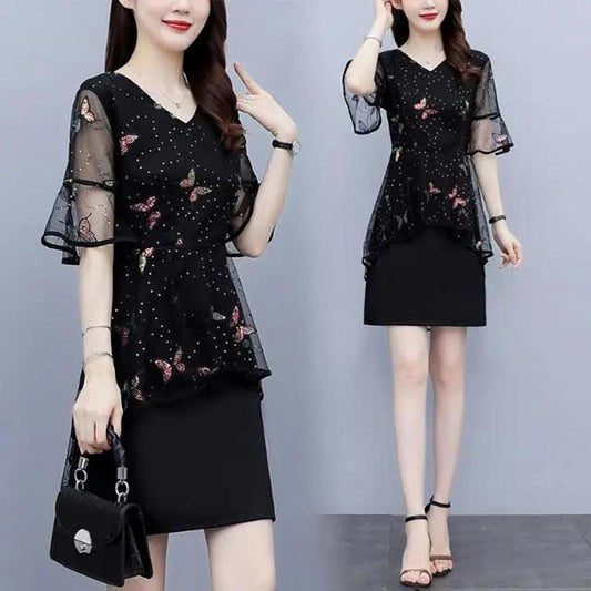 Large Size Women's Summer Black Belly Cover Sequins Embroidery Stitching Short-sleeved Fairy Dress Ladies Temperament A-line Skirt