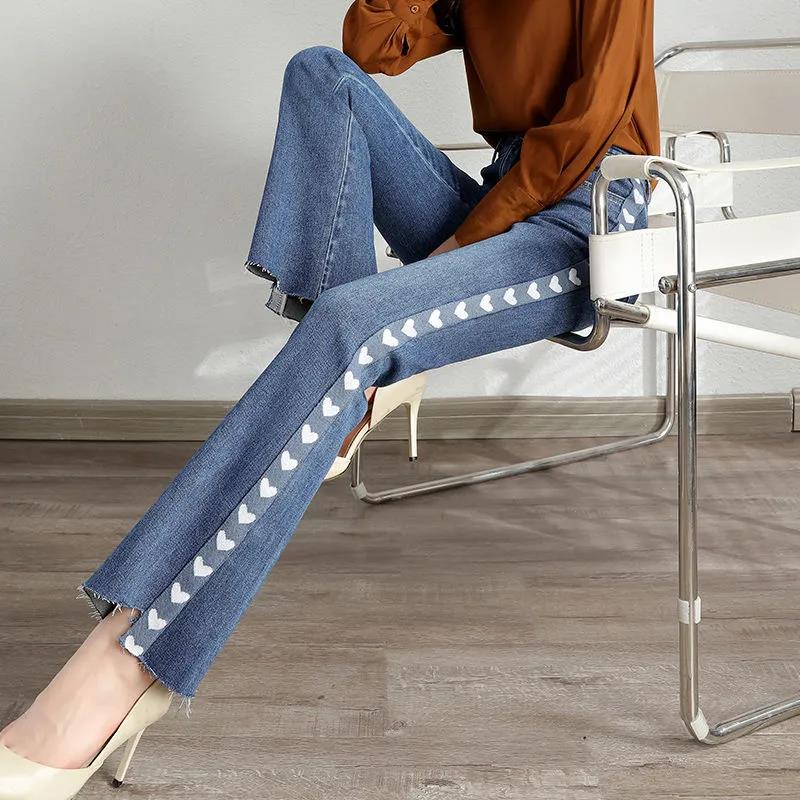 Jeans Women's New Spring and Autumn High-waisted Slim Straight-leg Pants Love Side Irregular High-end Flared Pants