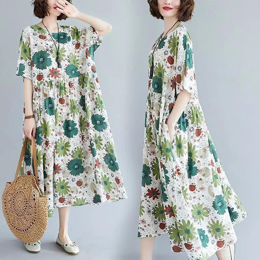 Summer Dress Female Literature and Art Retro Loose Plus Size Women's Dress Was Thin and Big Swing Dress