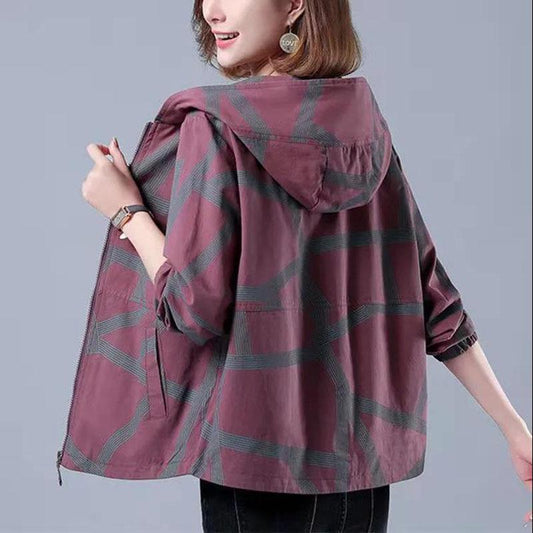 Spring and Autumn Printed Middle-aged and Elderly Large Size Loose and Thin Jacket Hooded Mother's Wear Jacket Women