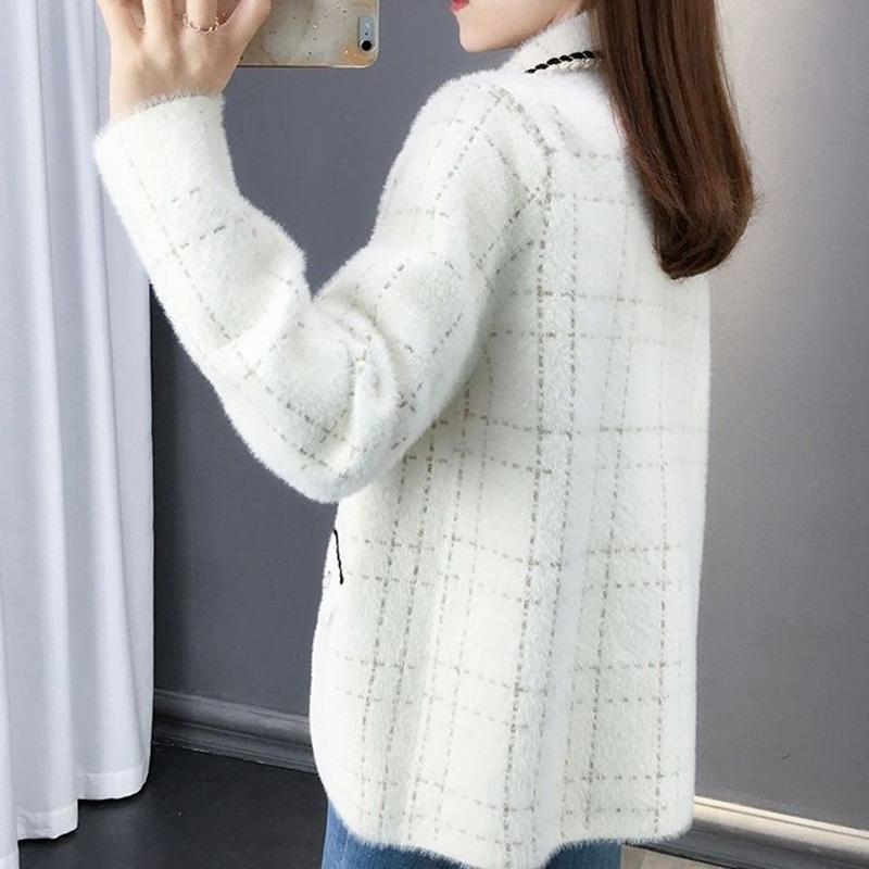Autumn and Winter Casual Knitted Cardigan Fashion Lapel Long-sleeved Sweater Korean Plaid Jacket