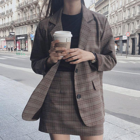 Women Suit Dark Academia Clothing Retro Plaid Plus Size Korean Coat Blazers and Skirt for Woman, Single Breasted Outerwear for Your Minimal Style