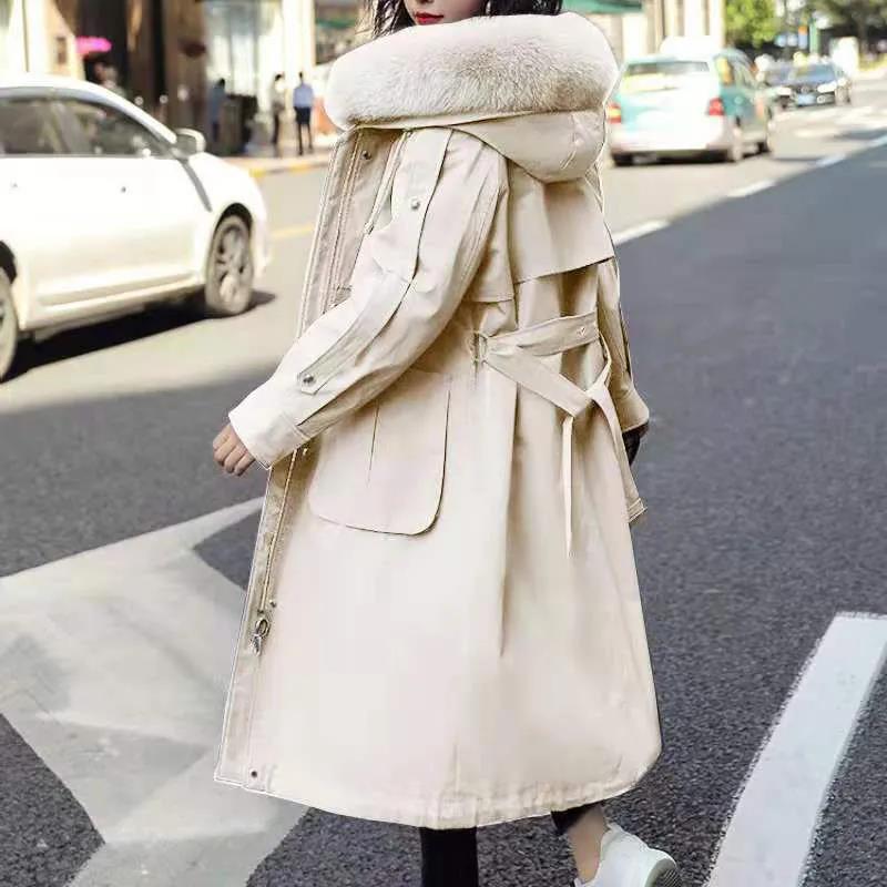 Winter Women's Parka Coat with Hood and Large Fur Collar Coat Plus Velvet Padded Padded Mid-length Over-the-knee Parka Coat