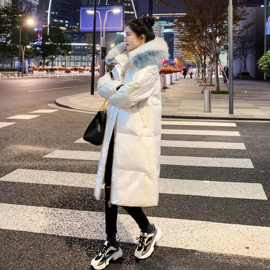 Glossy Cotton-padded Jacket Women's Winter New Style Korean Loose Mid-length Large Fur Collar Thick Padded Jacket Cotton Jacket