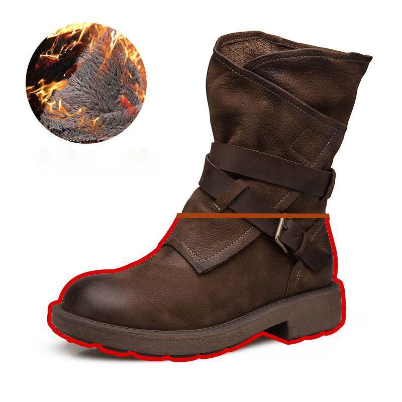Suede Calfskin Martin Boots Women British Style Autumn Winterplus Plush Leather Mid-Calf Boots