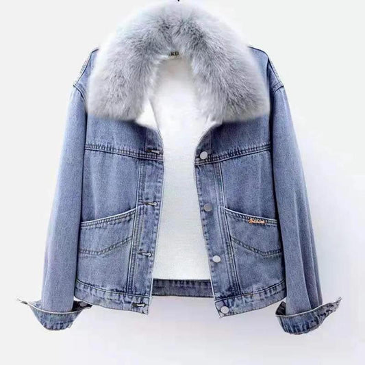 Hooded Denim Jacket Women Plus Velvet Loose Lamb Velvet Jacket Warm All-match Short Cotton Jacket Comfortable and Warm Women's Jacket