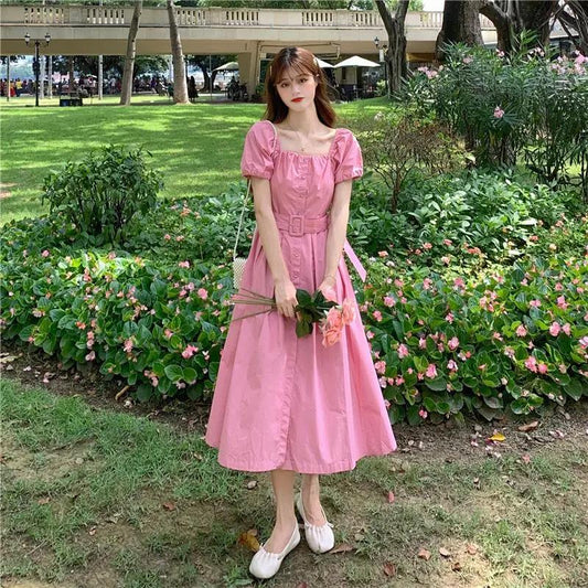 Women's Summer Mid-length Skirt Solid Color Square Neck Puff Sleeve Dress