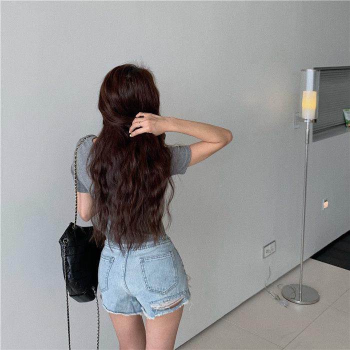 WTEMPO Summer High Waist Hole Denim Shorts Women's Split Irregular Irregular Thin Loose Wide Leg A-pants