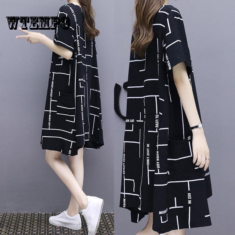 WTEMPO European Dress Female Summer 2019 Korean Fashion Print Plus Size Long Loose Thin A Word Dress