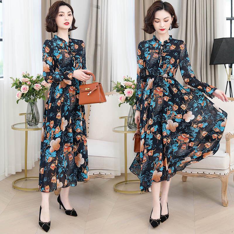 Spring and autumn floral long sleeve dress women fashion chiffon printed large size long skirt