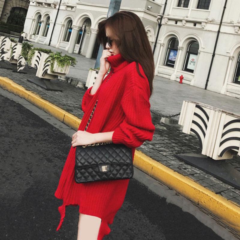 Mid-length High-neck Women's Sweater Winter Thickening Warmth Loose Fashion Red Sweater