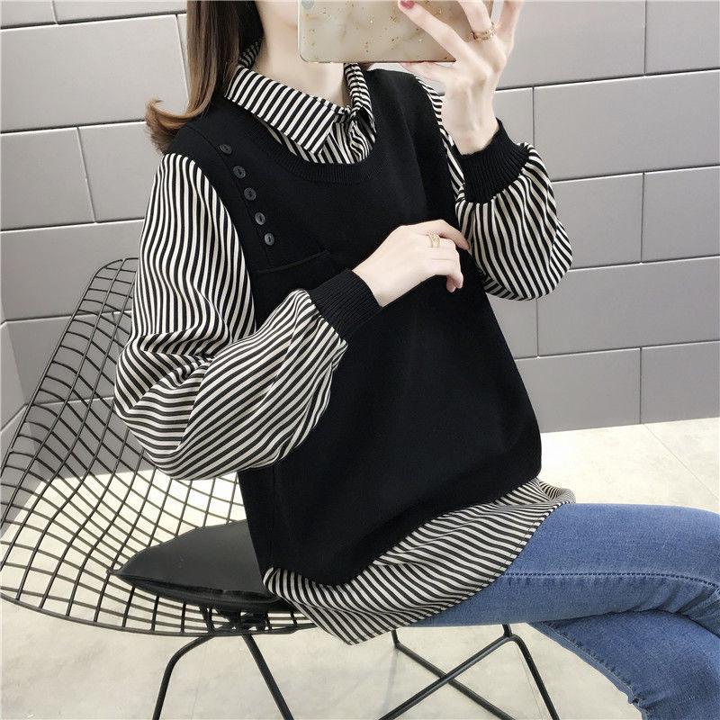 Autumn and Winter Shirt Collar Fake Two-piece Sweater Women All-match Bottoming Knitwear Top