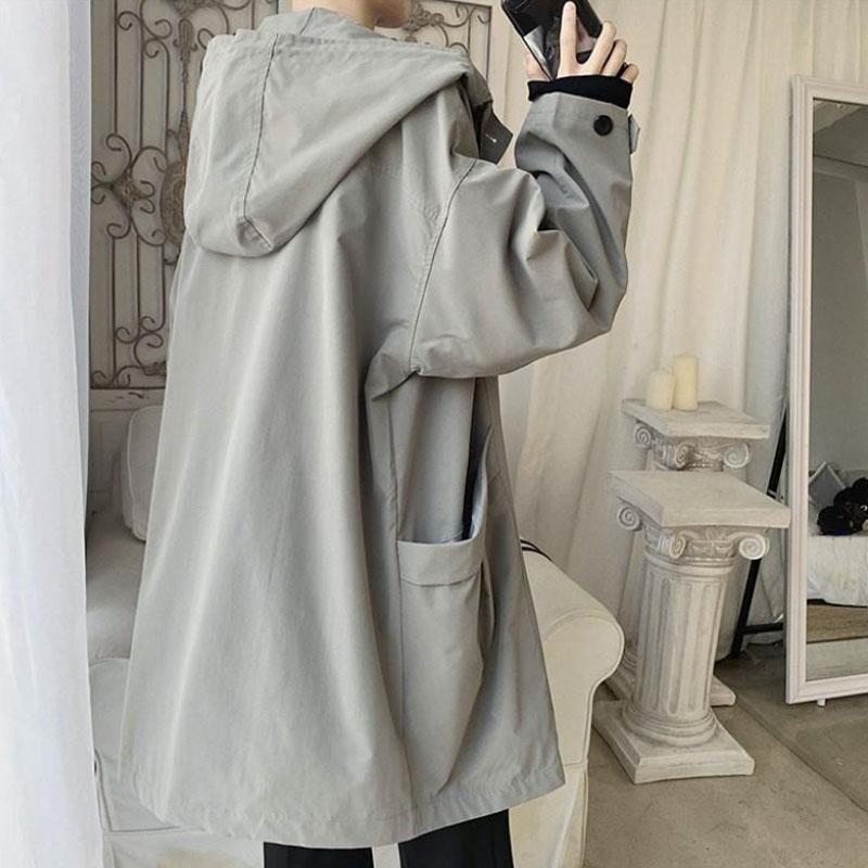 WTEMPO Men Hooded Windbreaker Solid Color Coat Casual Loose Jacket Trend Comfortable Parka Long