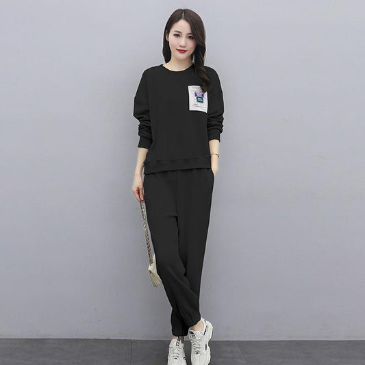 Sportswear Suit Women Loose and Thin Pullover Sweater Casual Two-piece Round Neck Long-sleeved Shirt + Casual Sports Pants Warm and Comfortable