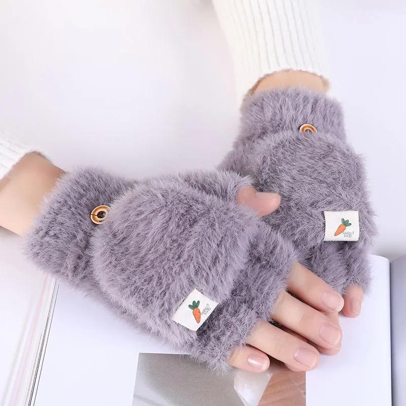 Plush Gloves Female Autumn and Winter Leaky Finger Warm Gloves Thick Clamshell Imitation Mink Nylon Half-finger Gloves