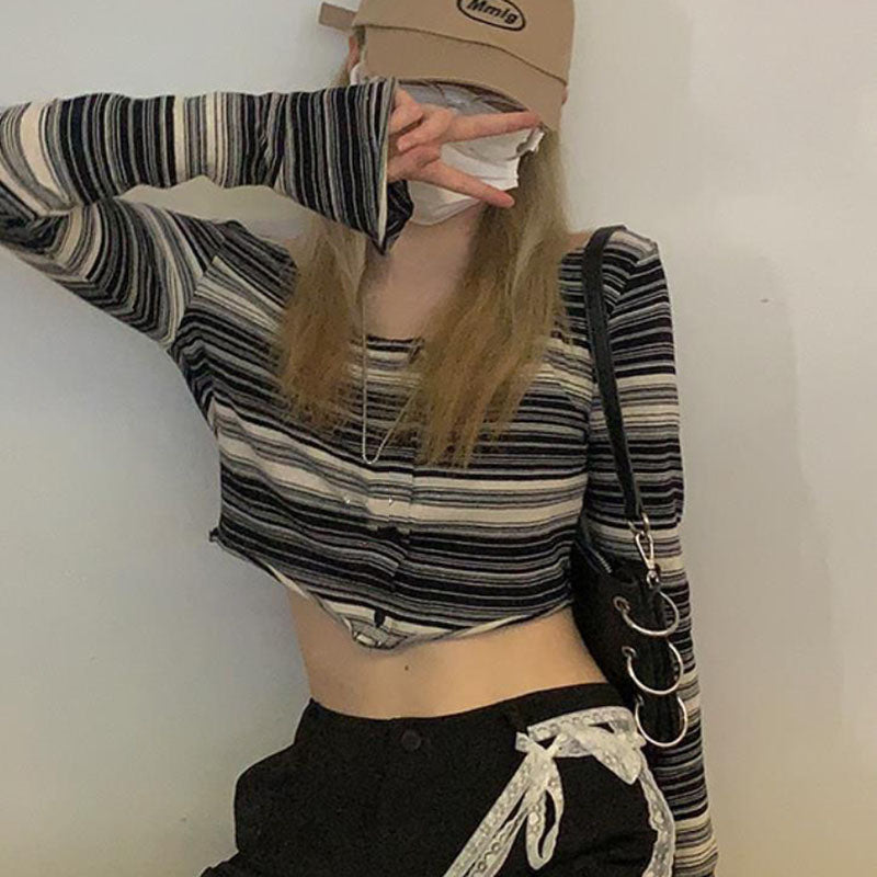 Y2k Top Women's T-shirt Short T-shirt Slim Top Long Sleeves Black and White Stripes Irregular Cardigan Straps Reversible