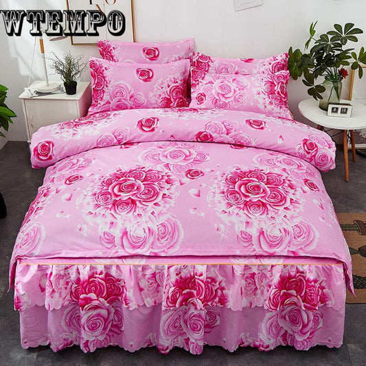Lace Decoration Non-slip Bed Skirt Queen Size Bedding Set Bedsheet Bedcover Pillowcase Home