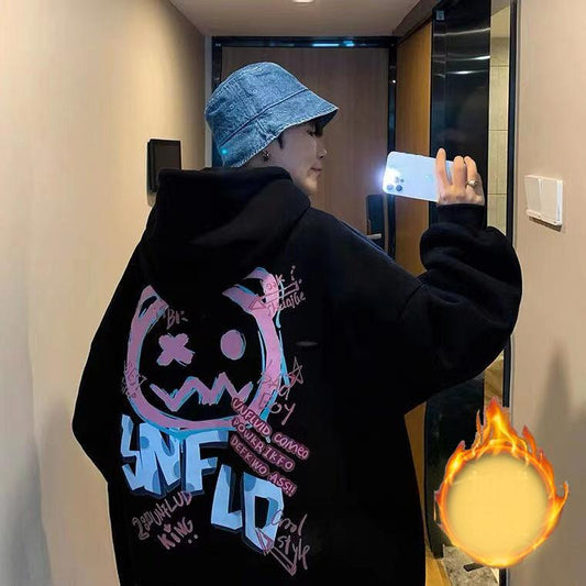Fleece Sweater Men's Hip-hop Graffiti Shirt Autumn and Winter Warm All-match Loose Hooded Men's Shirt