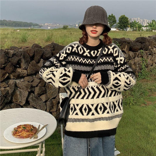 Autumn Winter Women Fashion Sweater Casual Knitting Sweater Retro All-match Round Neck Pullovers Loose Casual Long Sleeve Sweater