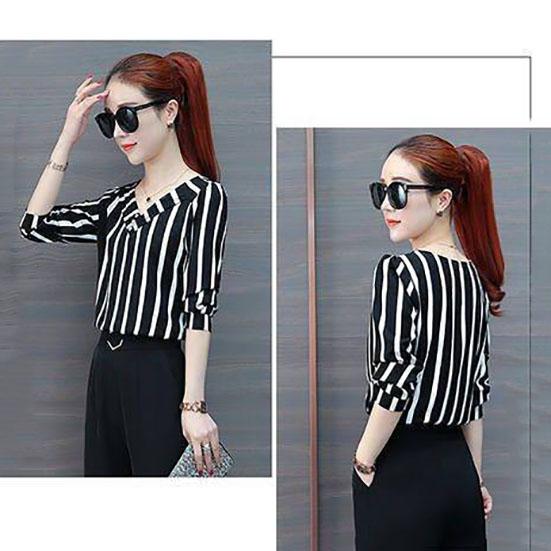 Striped Shirt Women's Spring Summer V-neck Top Large Size Loose Shirt Women's Three-quarter Sleeve Bottoming Shirt