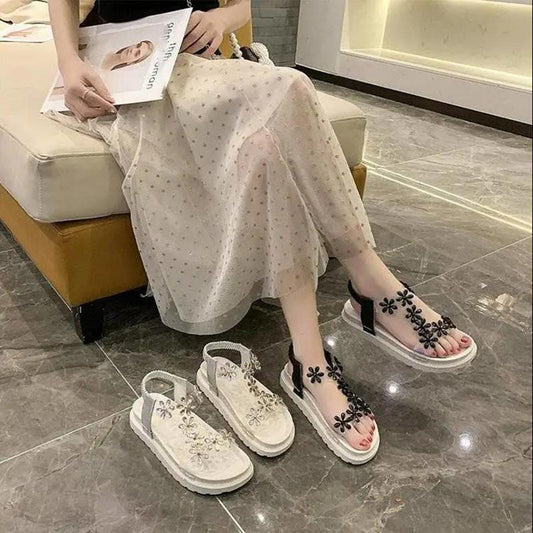 Sandals Women's Elastic Band Rhinestone Flowers Flat Soft Sole Beach Roman Sandals Outdoor Casual Sandals Women's Platform Sandals