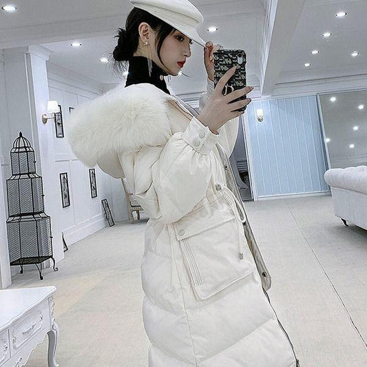 Trendy Fashion Waist Hooded Fur Collar Women's Down Jacket Autumn and Winter Plus Velvet Thickening Warm Loose Casual White Duck Down Down Jacket