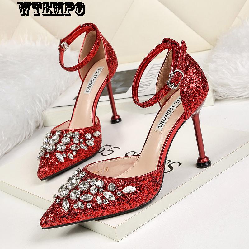 High Heels Ladies Gold Sequins Pointed Crystal Stiletto Bridal Wedding Shoes To Attend The Banquet