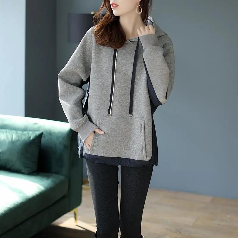 Women's Casual Hooded Sweater Stitched Pocket Hoodies Spring and Autumn Large Size Loose Elegant Top