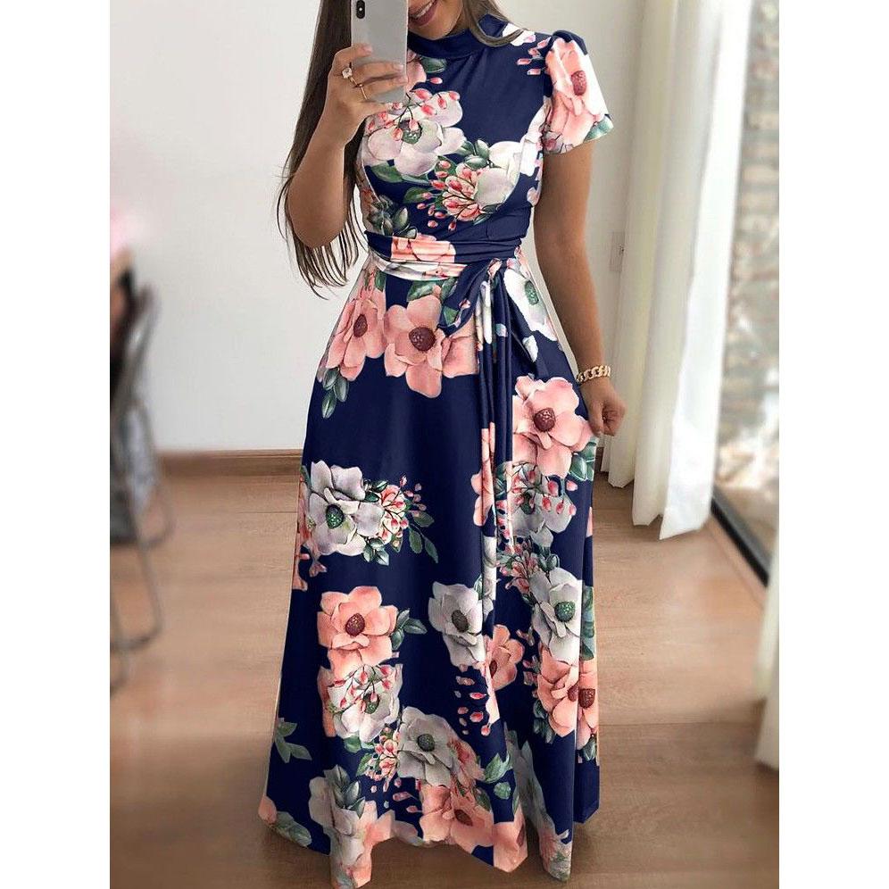 Women Summer Long Dress Vintage Floral Print Elegant Slim Dress Tunic Maxi Dress Female Evening Party Dress