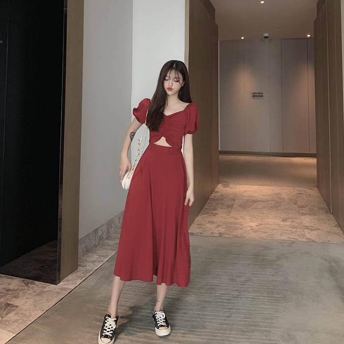 Pofulove Women Retro V-neck Short Sleeve Open Belly Dress Elastic High Waist Black Sexy Long Dress