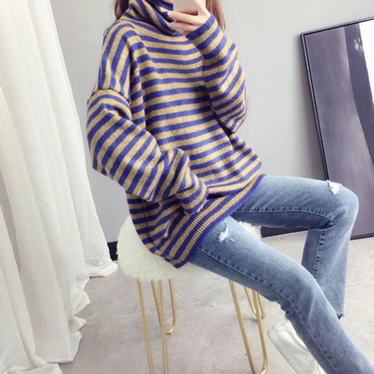 Pullover Lazy Striped Sweater Women Autumn and Winter Korean Knit Bottoming Shirt Loose Turtleneck Thick