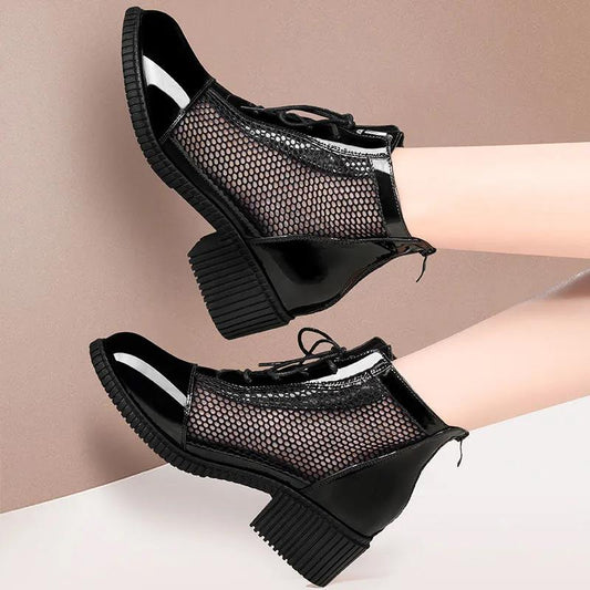 Ladies Mesh Breathable Cool Boots Spring and Autumn Middle Heel Lace Back Zipper Hollow Single Boots Thick Heel Martin Boots Women