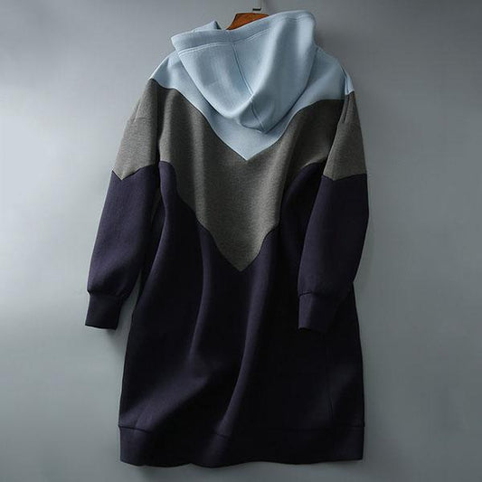 Women's Spring and Autumn Long Hoodie Color Matching Casual Hoodied Dress Large Size Loose and Versatile Hoodie